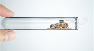 Portrait format. One of the main campaign images for the NRMM Stage V campaign. The imagery shows different examples of the equipment that lie within the scope of the new regulation. This version shows a digger representing the construction industry.